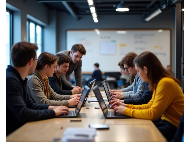 Bir grup genç geliştirici, mentorlarının yardımıyla bir hackathon'da çalışıyor. Odaklanmış yüzler ve bilgisayar ekranları görünüyor.