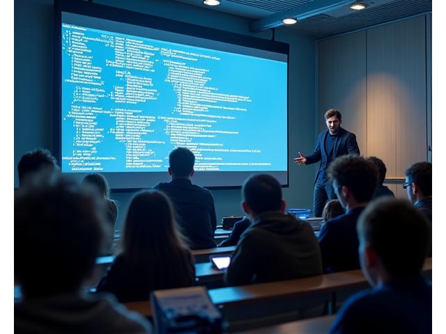 Gökada Oyun'dan bir eğitmenin genç geliştiricilere seminer verirken, ışıklı bir ekranda kodlar görünüyor.