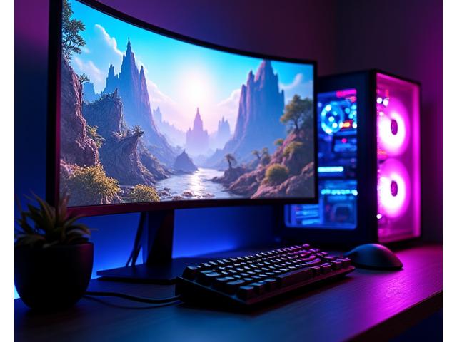 Oyuncu mouse ve klavyesi ile çevrili bir oyun içi sahneyi gösteren monitör, atmosferik oyun ortamı.