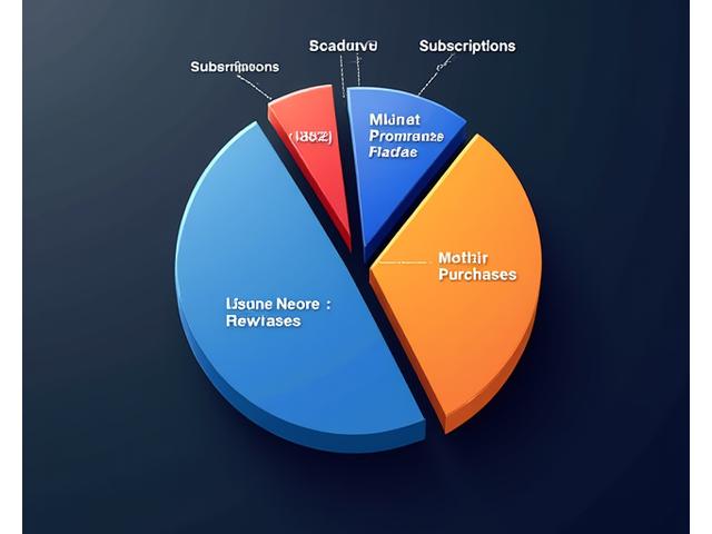 Pasta grafiği şeklinde gelir dağılımlarını gösteren bir monetizasyon stratejileri karşılaştırma tablosu: Oyun içi satın almalar, reklamlar ve abonelikler.