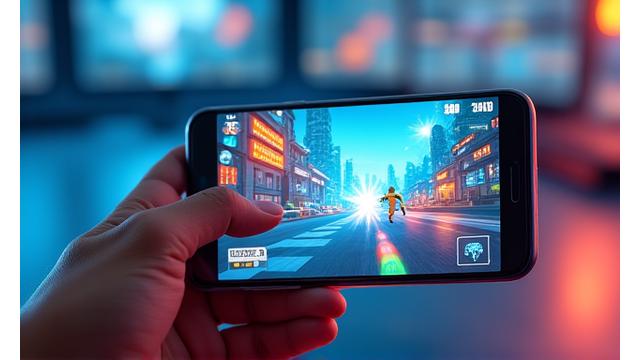 Modern bir akıllı telefon ekranında canlı ve etkileşimli bir mobil oyunun yakın çekim grafikleri.
