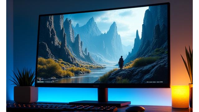 Yüksek çözünürlüklü bir bilgisayar monitöründe detaylı bir PC oyununun etkileyici bir sahnesi, oyuncuyu içine çeken görsel zenginliği.