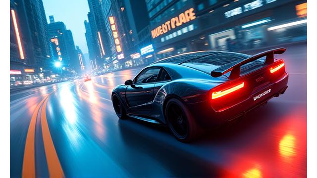 'Urban Rush' adında hızlı tempolu bir araba yarışı oyunundan şehir siluetleri arasında nitro etkisiyle ilerleyen bir spor araba görüntüsü.